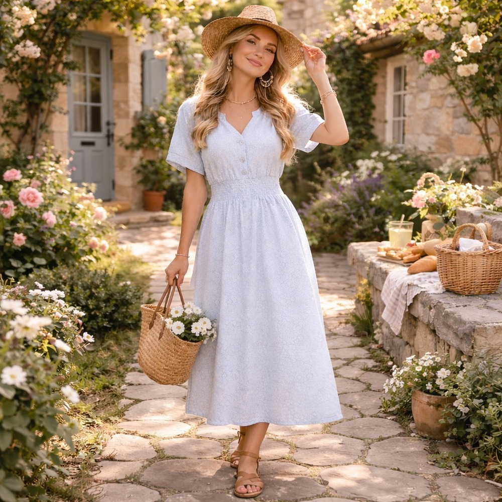 Romantic Blue Cottagecore Floral Midi Sundress Size 10 Prairie Whimsical Summer